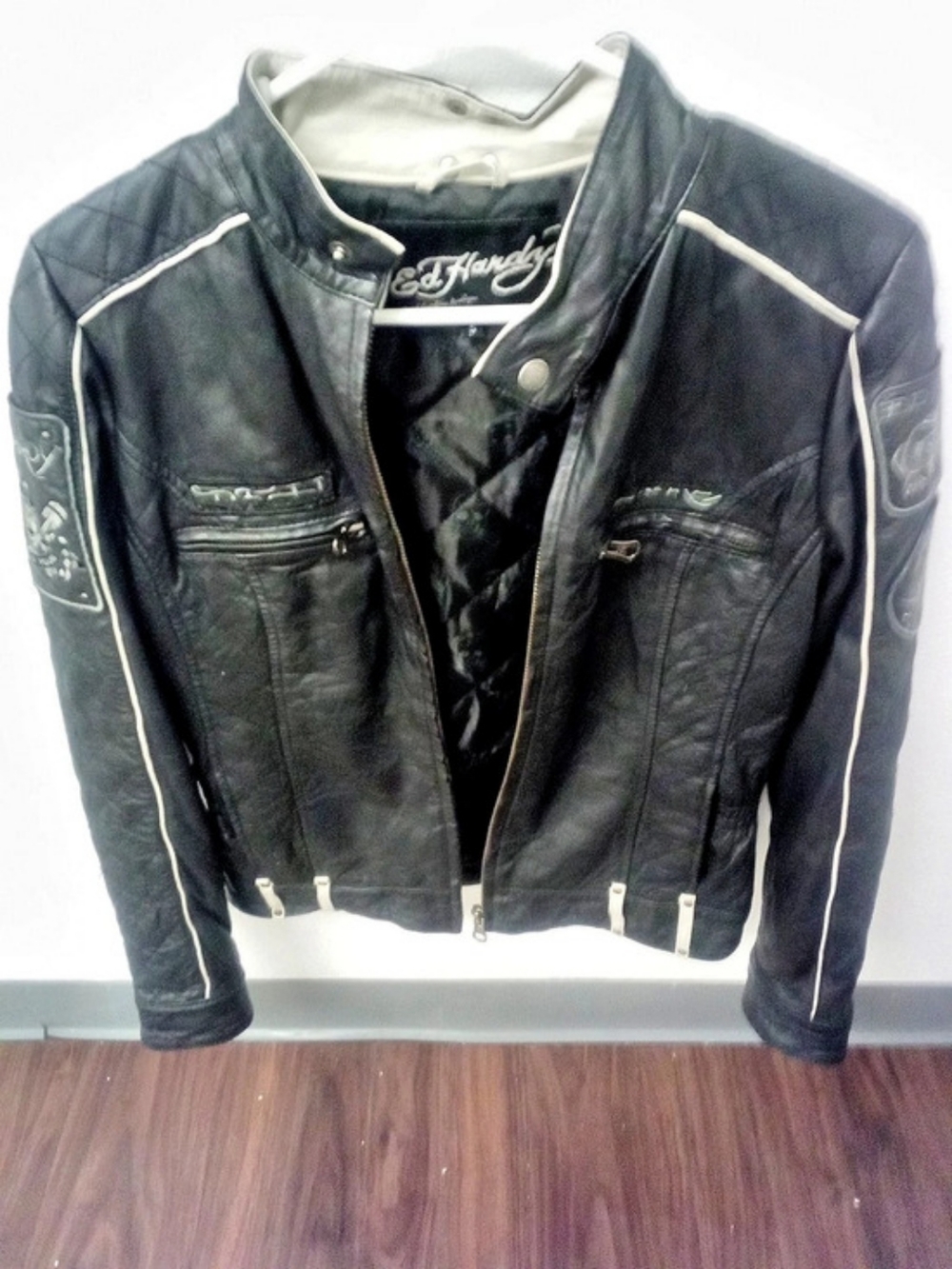 Ed Hardy Live To Ride Leather Motorcycle Jacket Black & White Small